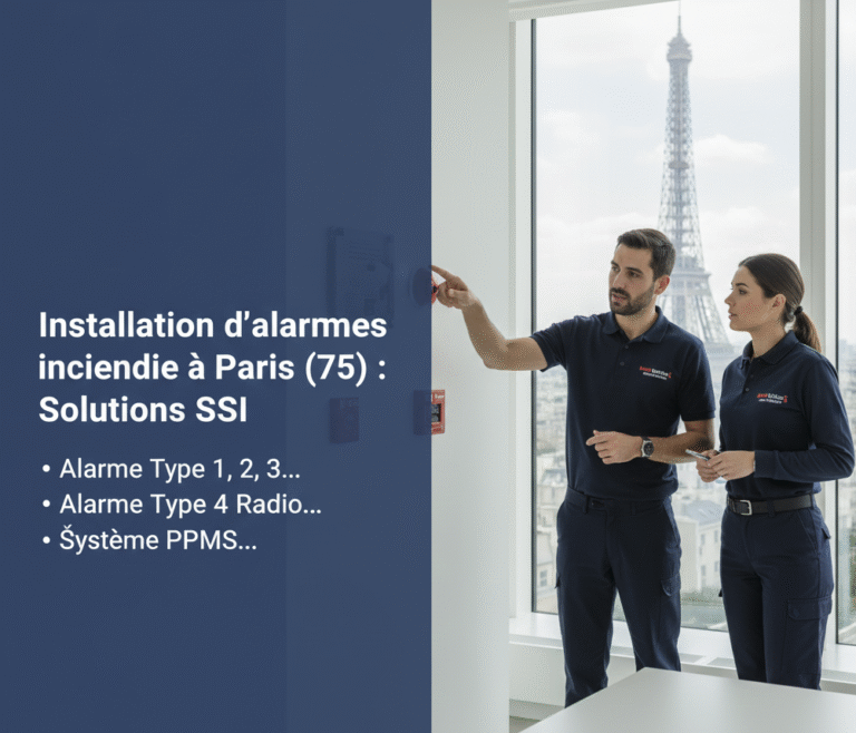 Technicien Mondial Sécurité Incendie effectuant la vérification de mise en service d'une alarme incendie conforme à la norme NF S 61-936.